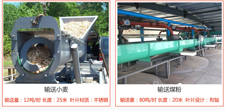 絞龍螺旋輸送機輸送小麥輸送量在12噸/時，長度為25米，葉片采用不銹鋼材質；輸送水泥輸送量在80噸/時，長度為20米，葉片設計為有軸。