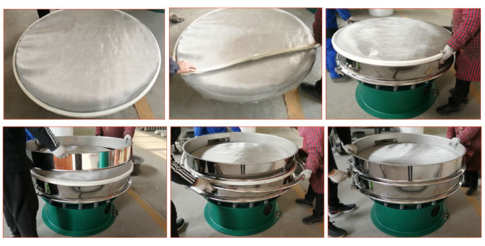 食品振動篩網安裝步驟3,將密封圈安裝到網架周圍,將篩框放到網架上,并利用束環(huán)將上下兩層篩框固定在一起。