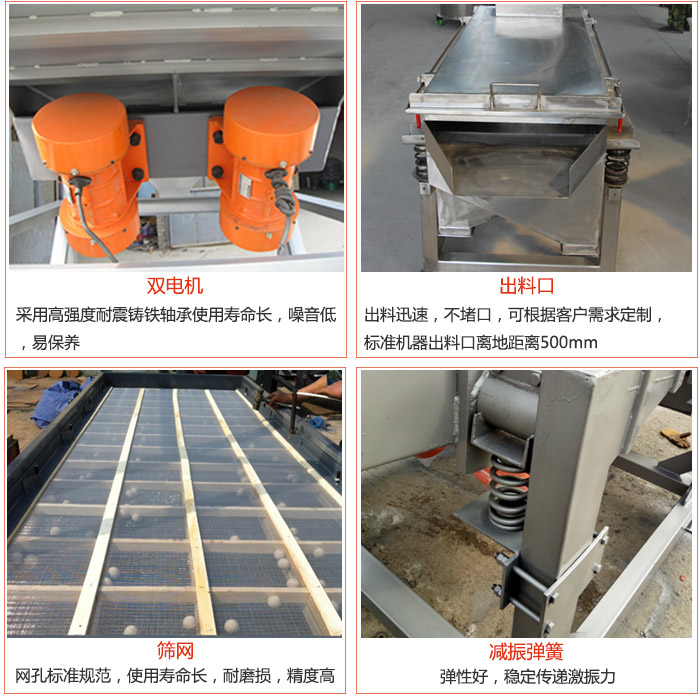 線振動篩配件優勢:雙電機采用高強度耐震鑄鐵軸承使用壽命長,噪音低,易保養,出料口:出料迅速,不堵口,可根據客戶需求定制標準機器出料口離地距離500mm。篩網:網孔標準規范,使用壽命長,耐磨損,精度高。減震彈簧彈性好,穩定傳遞激振力。