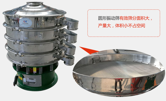 圓形振動篩有效篩分面積大,產量大,體積小不占空間。