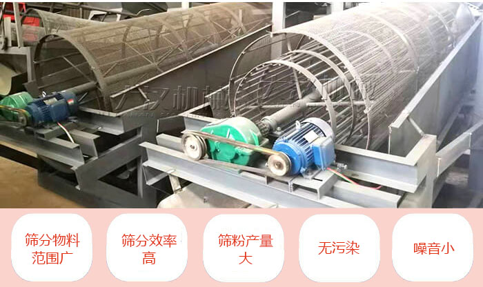 滾筒篩分機主要特點：篩分物料范圍廣，篩分效率高，篩分產量大，無污染，噪音小。