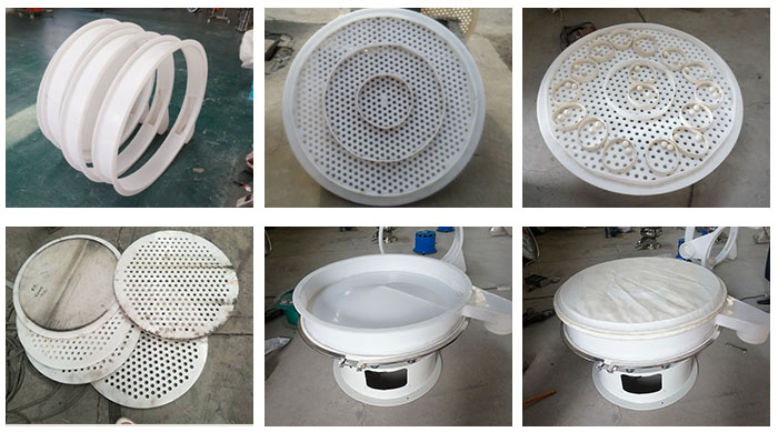 塑料防腐旋振篩配件:振動篩底座,篩框,防塵蓋,篩網(wǎng),振動電機(jī)座。