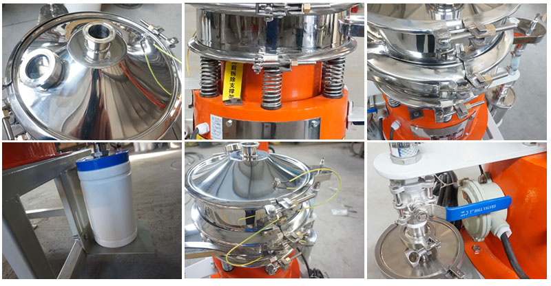 氣體保護(hù)超聲波振動(dòng)篩細(xì)節(jié):控制閥,料罐,篩網(wǎng)。