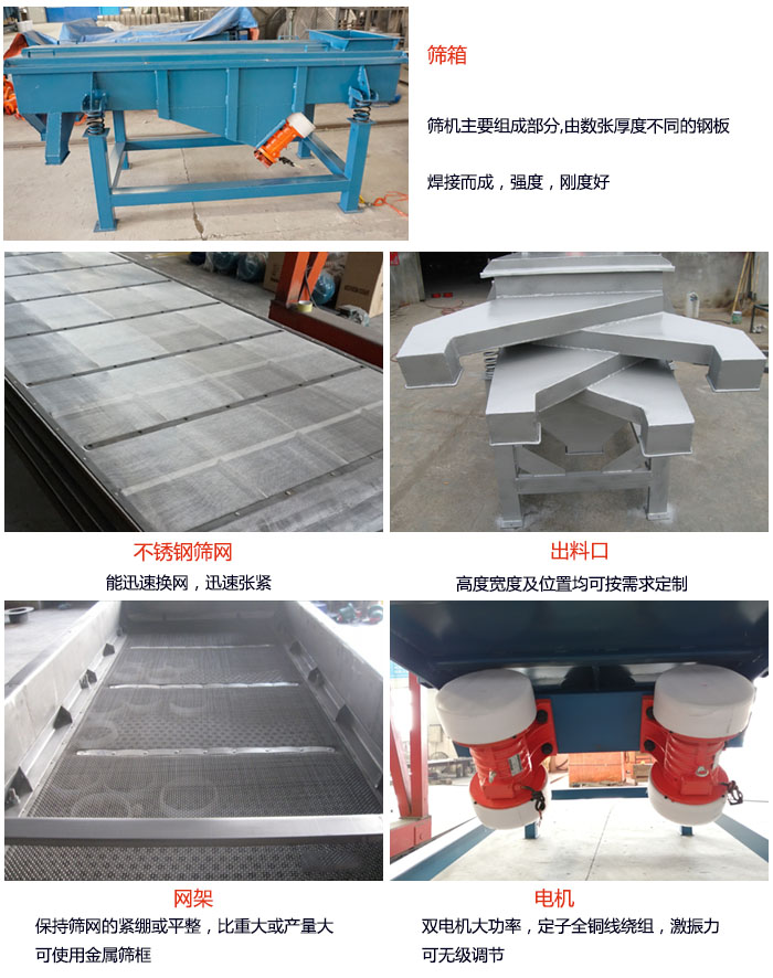 520型直線振動篩結(jié)構(gòu):篩箱:篩機主要組成部分,由數(shù)張厚度不同的鋼板焊制而成,強度,剛度好。不銹鋼篩網(wǎng):能迅速換網(wǎng),迅速張緊。電機:雙電機大功率,定子全銅線繞組,激振力可無極調(diào)節(jié)。網(wǎng)架:保持篩網(wǎng)的緊繃和平整,比重大或產(chǎn)量大時可使用金屬篩框。出料口:高度寬度及位置均可按照用戶的要求來定制。