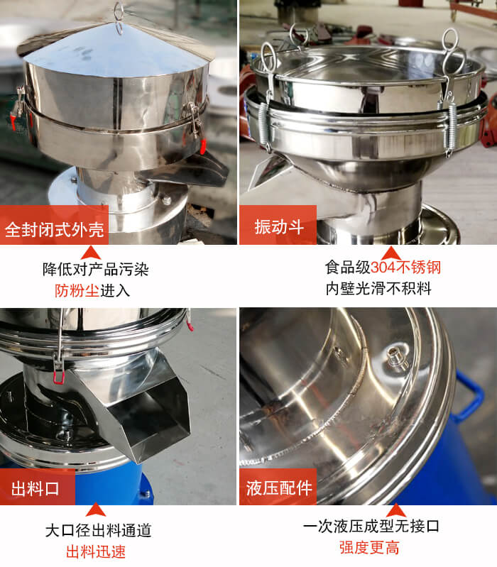 450過濾篩機結構組成：全封閉式外殼設計：對產品的污染低，防塵粉進入電機內部延長設備壽命。振動斗：食品304不銹鋼篩斗，內壁光滑不存在積料現象。出料口，大口徑出料通道，出料迅速，提高工作效率。液壓配件：一次液壓成型無接口強度更高。