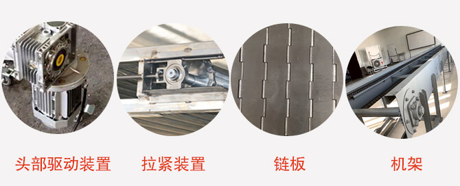鏈板輸送機結構:頭部驅動裝置,拉緊裝置,鏈板,機架等圖片展示