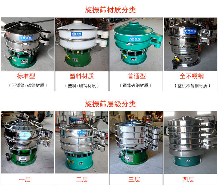 旋振篩材質分類：塑料，全不銹鋼等旋振篩層級分類：一層，兩層，三層，四層等。